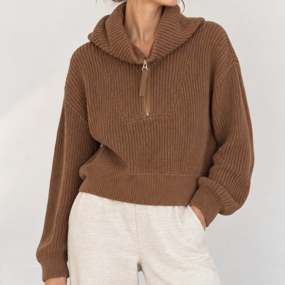 Varley Brown Cotton Half-Zip Funnel Neck Sweater Pullover XL Oversized Lounge